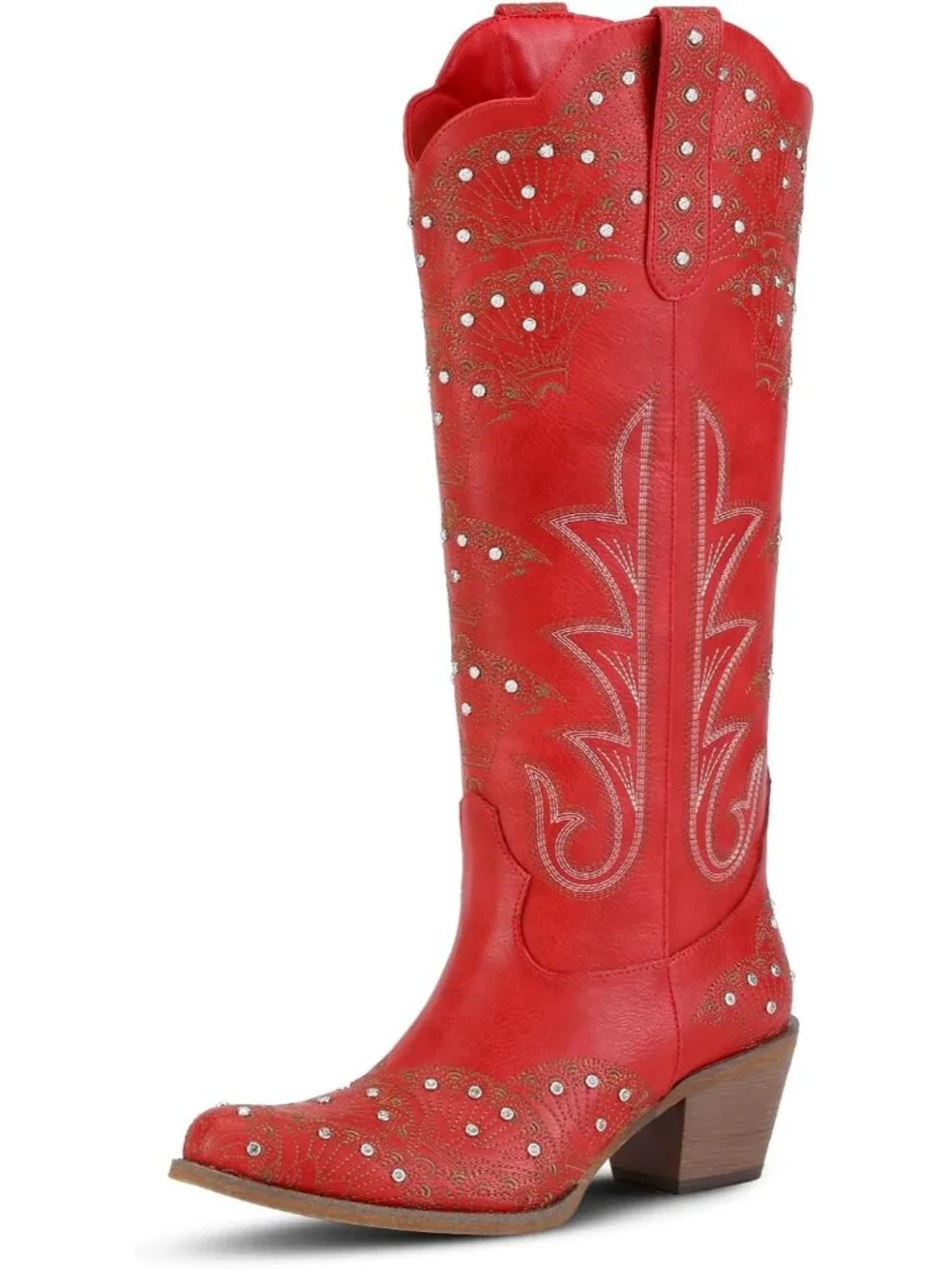 Women's Red Durable 3D Rhinestone Knee High Sparkly Embroidery Western Boots